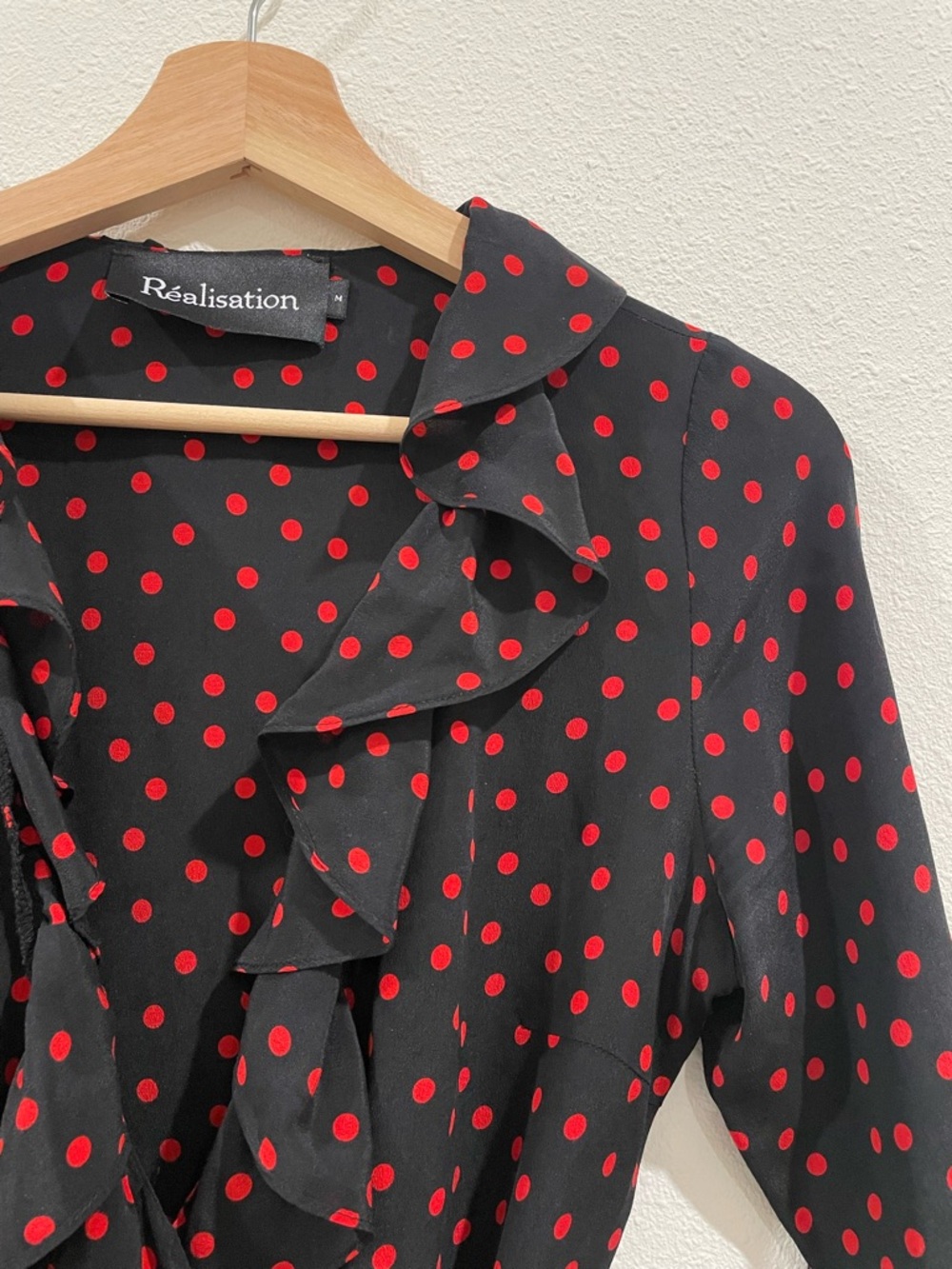Realisation Par Alexandra Black Mini Wrap Dress Red Polka Dots Medium 100% Silk - Picture 10 of 14